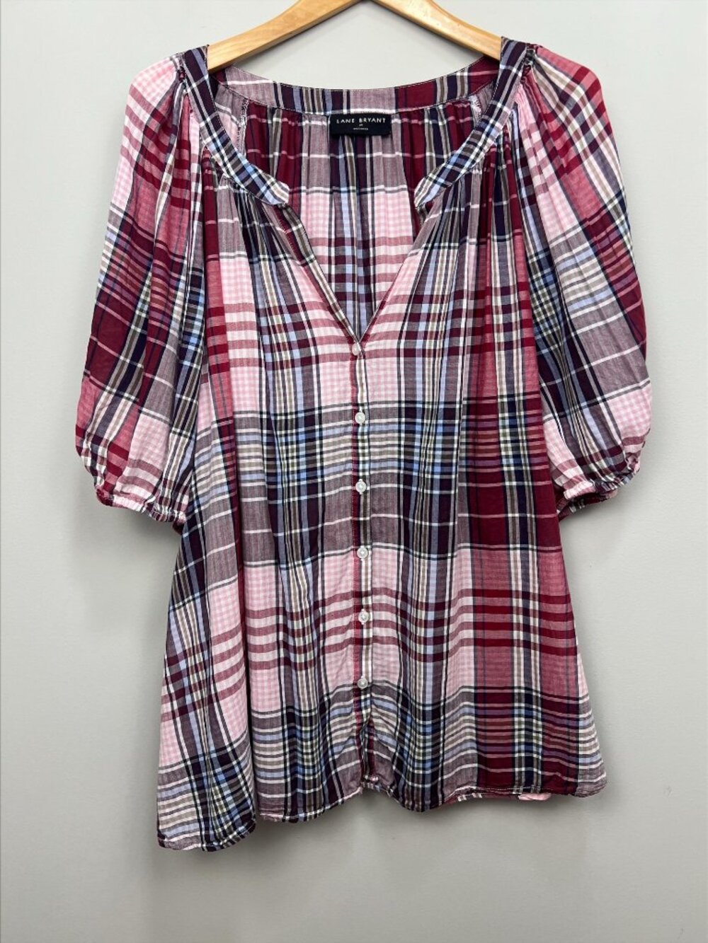 Lane Bryant Plaid Peasant Blouse Size 28 Pink Burgundy Button Front Cotton Modal - Picture 2 of 7